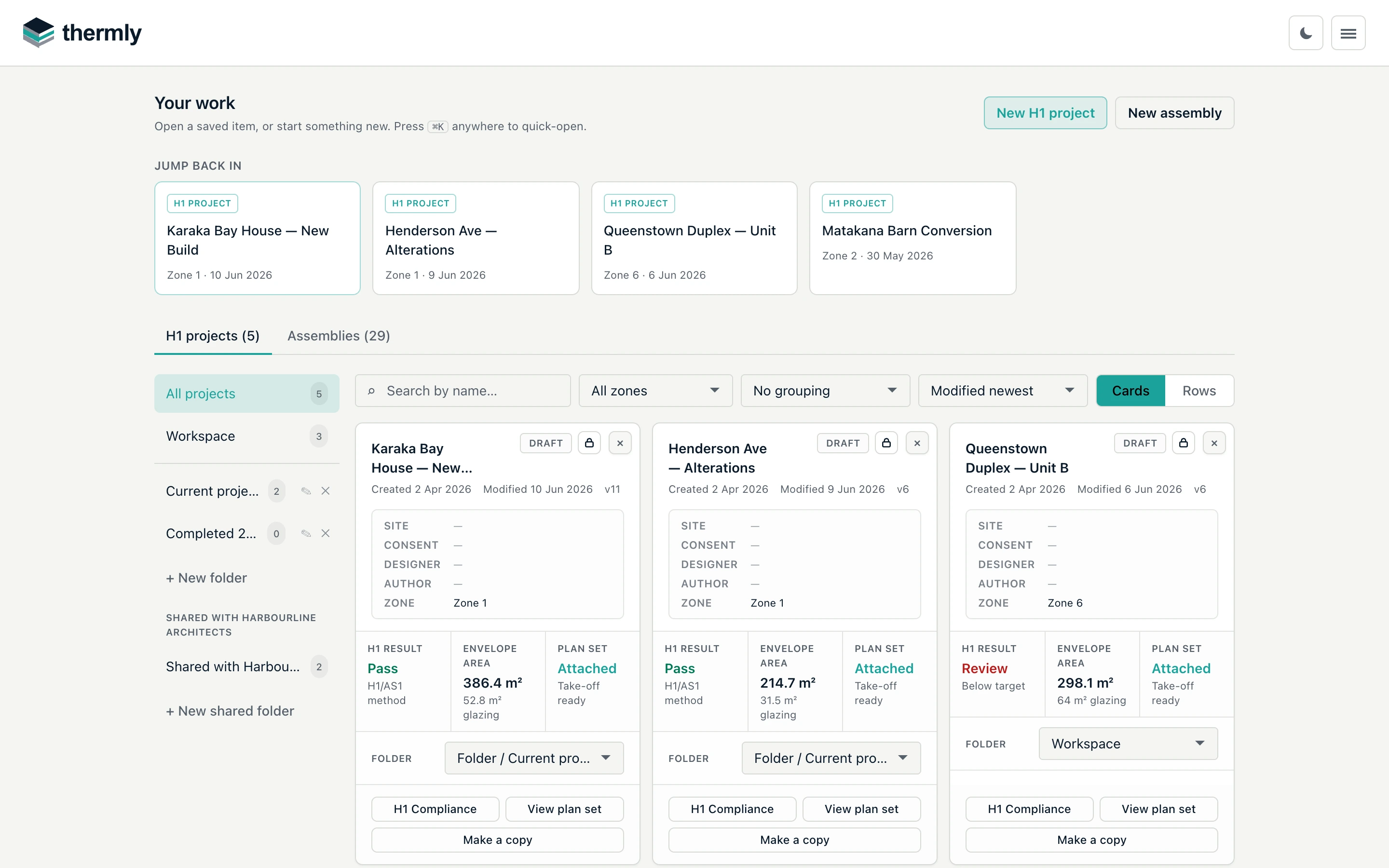 Thermly dashboard showing project cards with compliance status, folders, a section shared with an organisation, and search and filter controls