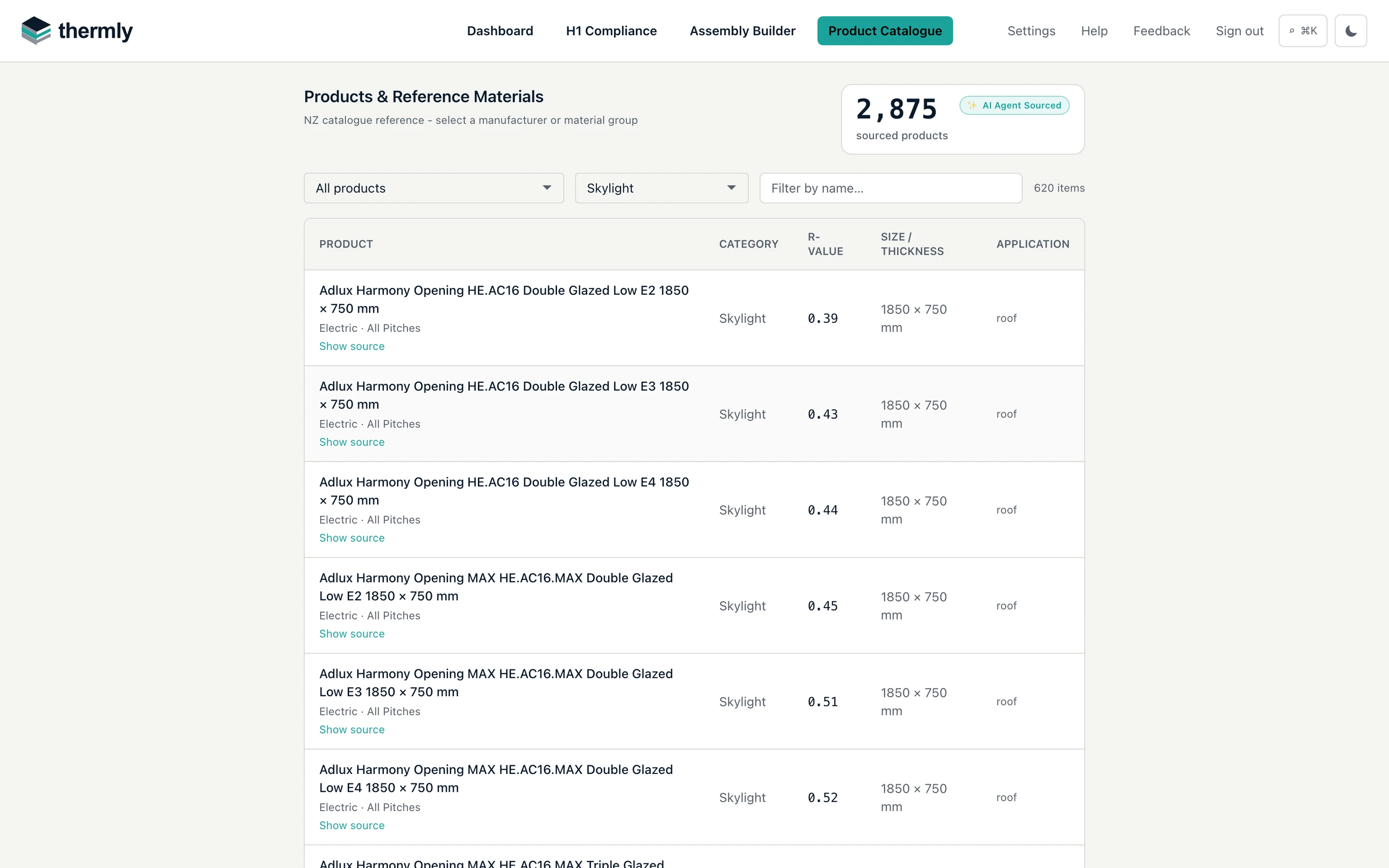Thermly product catalogue showing 2,875 sourced products, filtered to the skylight catalogue with per-unit R-values, sizes, applications and source links per product