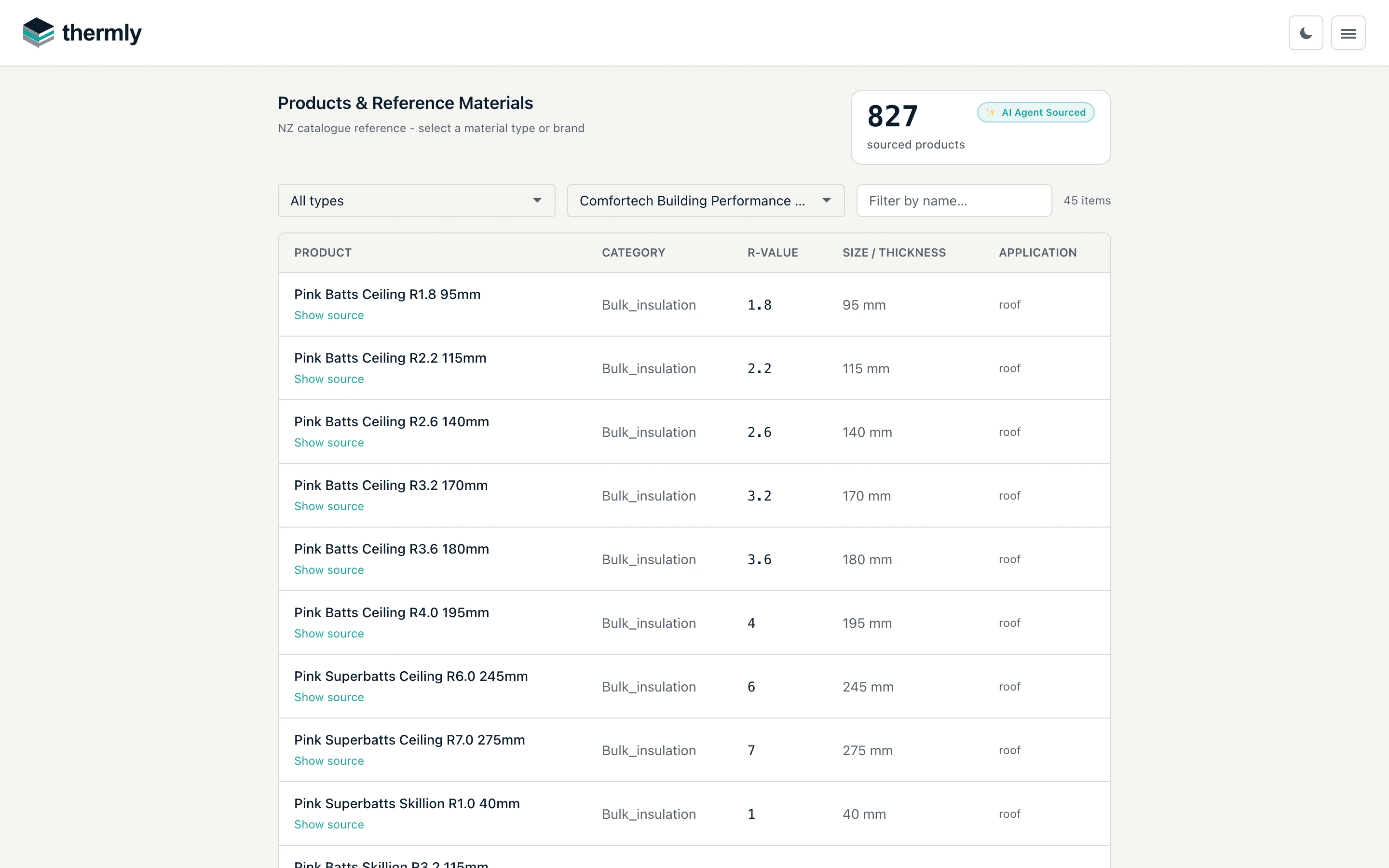 The Product Catalogue: sourced products, each with a "Show source" link.